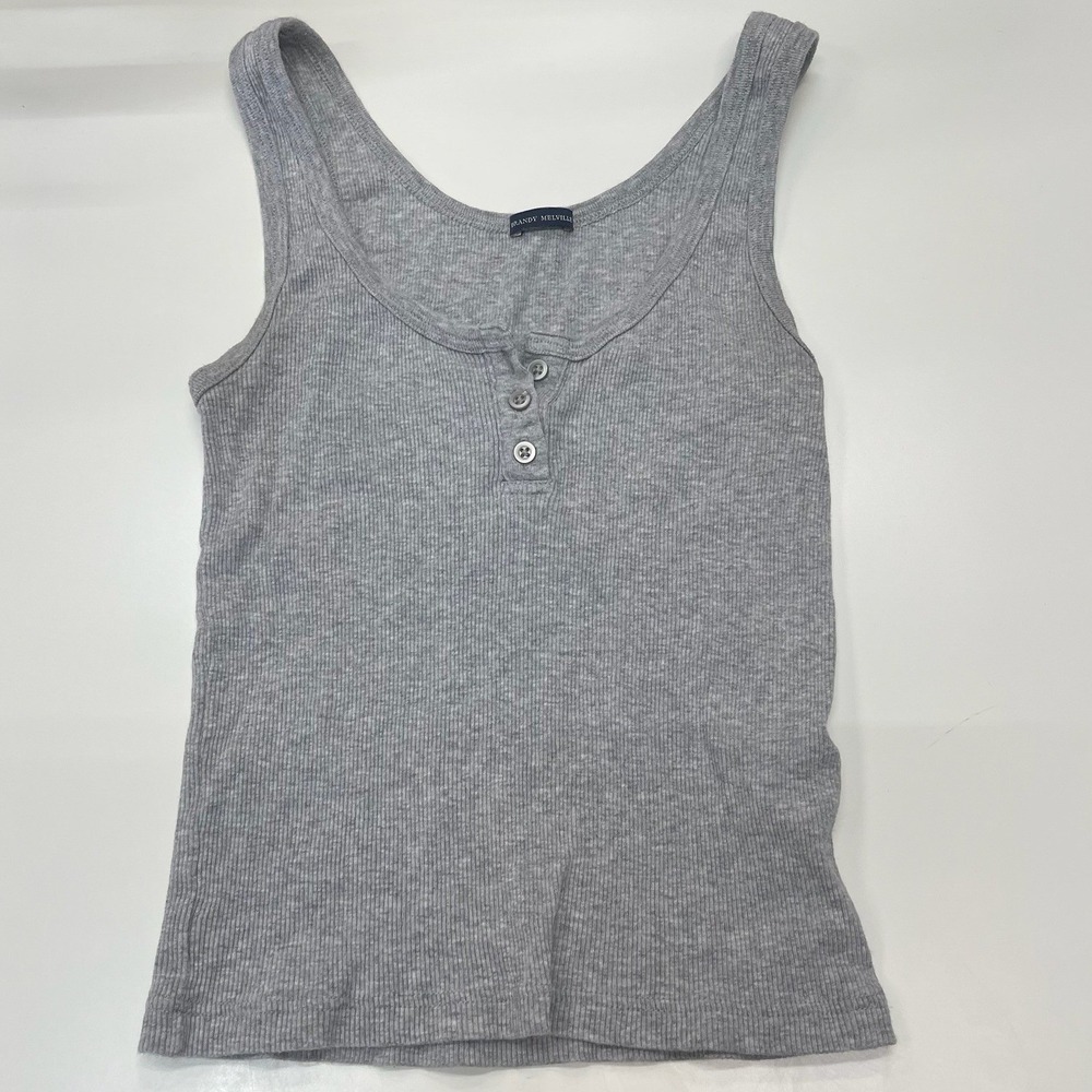 Brandy Melville Grey Ribbed Henley Tank Top Scoop Neck Sleeveless Basic One Size